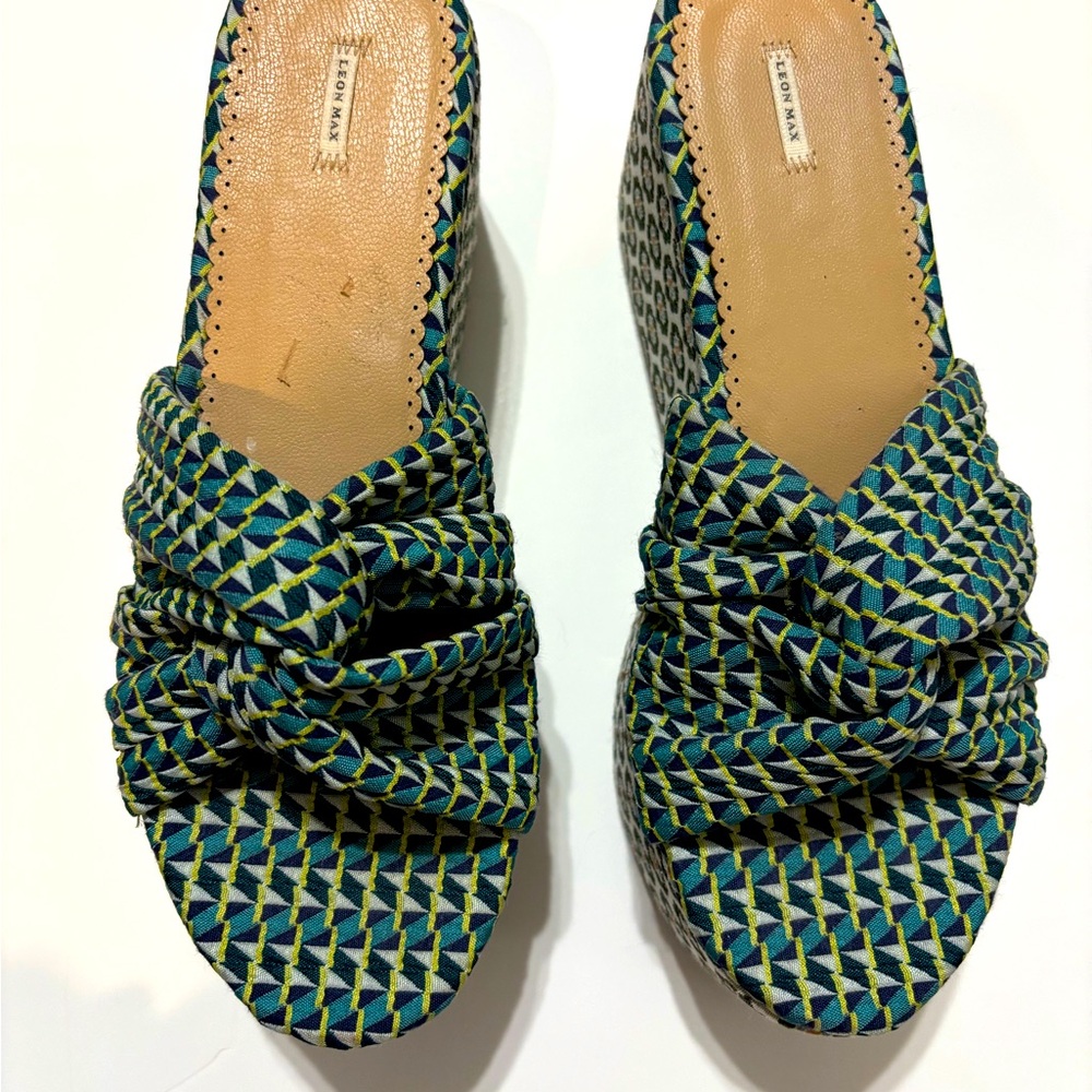 Leon Max Canvas Platform Wedge Slides Mule Sandals Statement Boho Summer Shoes